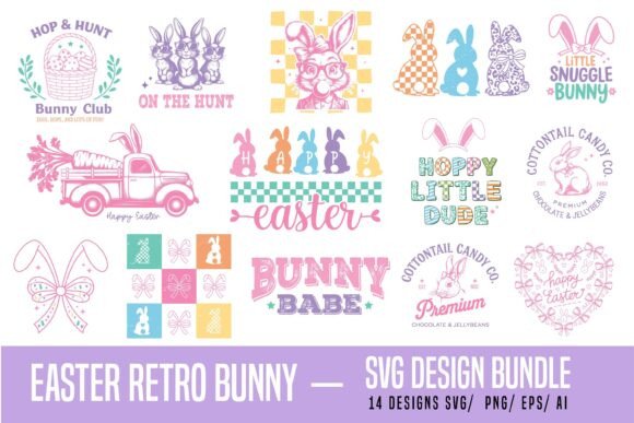 Retro Bunny Easter SVG PNG Shirt Bundle